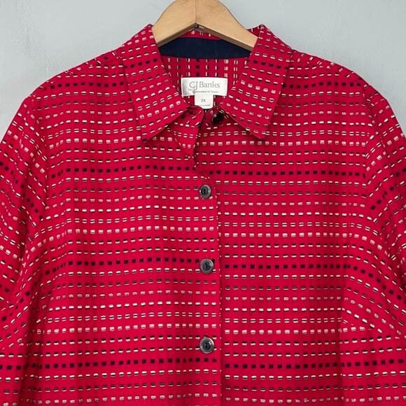CJ Banks Womens Plus Size 2X Red White Blue Button Up Over Shirt Shacket Country - Picture 3 of 10